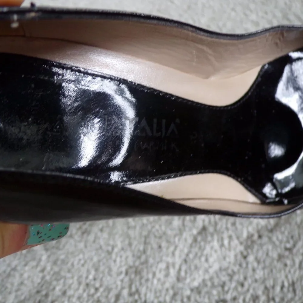 Aquatalia black patent leather peep toe wedges 6